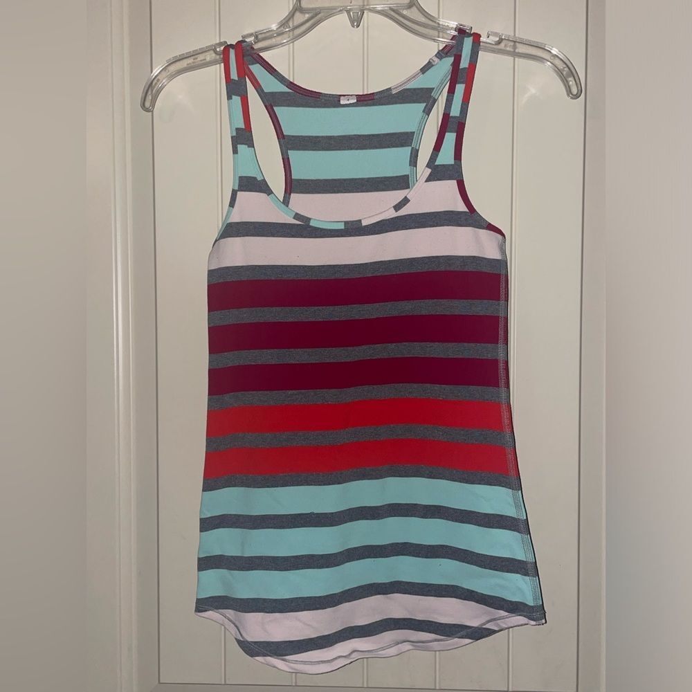 Size 4 Lululemon racerback striped athletic tank top white teal red horizontal